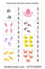 I'm learning to count. Teaching mathematics in kindergarten. Children's vector template for educational books, developing education, on a marine theme.