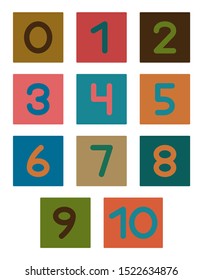 Learning to count to ten. Set of numbers. Numbers from zero to nine. 0 - 10. Card from a set for children's development and education. Vector illustration.
