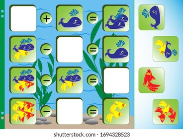 Learning to count with a whale and colorful fish in the underwater world. Math for children. Cut elements, paste into the picture and glue. Worksheet for printing. Vector illustration