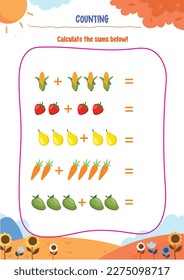 Aprendiendo a contar para los niños con lindas imágenes como animales, alimentos, bebidas, juguetes, frutas y verduras