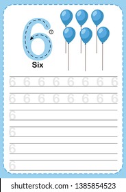 Learning Counting Number,Exercises for kids, Number 6, A4 paper ready to print. Balloons.