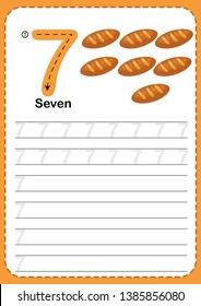 Learning Counting Number,Exercises for kids, Number 7, A4 paper ready to print. Breads.