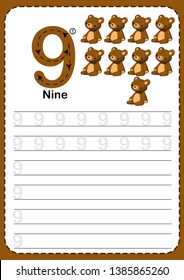 Learning Counting Number,Exercises for kids, Number 9, A4 paper ready to print. Teddy Bear.