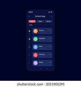 Learning courses list night mode smartphone interface vector template. Studying remotely. Mobile app page design layout. Student lessons management screen. Flat UI for application. Phone display