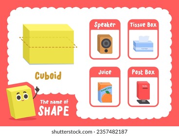 Learning cuboid shape sheet with object cards, illustration cartoon vector design on white background. kid and study game concept.