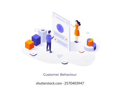 Learning Customer Behavior isometric conceptual template. Service and products consumers activity patterns analytics web page design vector illustration. Collecting and processing business data