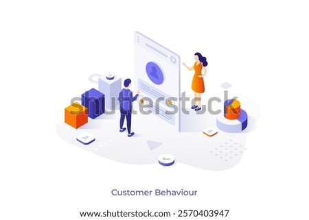 Learning Customer Behavior isometric conceptual template. Service and products consumers activity patterns analytics web page design vector illustration. Collecting and processing business data