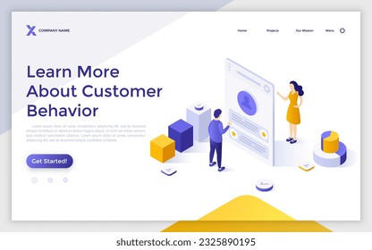 Learning Customer Behavior isometric landing page template. Service and products consumers activity patterns analytics web page design vector illustration. Collecting and processing business data