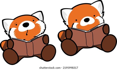 learning cute baby red panda character cartoon sitting reading set in vector format