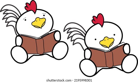 aprendizaje lindo bebé personaje de rooster caricatura sentada lectura conjunto en formato vectorial