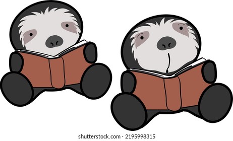 learning cute baby sloth bear character cartoon sitting reading set in vector format