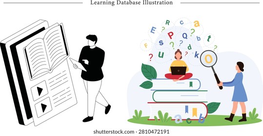 Learning database illustration with characters researching digital education archive. Vector scene of man using tablet near digital book screen, woman studying on laptop atop stack of books, and girl with magnifying glass sorting alphabet data letters