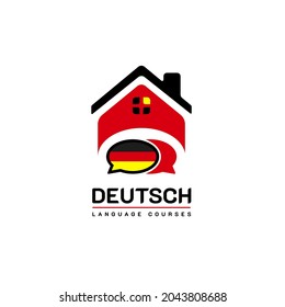Learning Deutch German Language Class Logo. the language exchange program, forum, speech bubble, and international communication sign. With Germany Flag