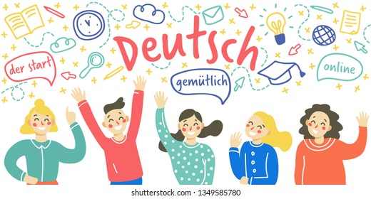 Сoncept of learning Deutsch language. Group of happy children waving their hands. Vector illustration in flat and doodle style