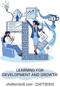 Learning development and growth. Self-learning metaphor, online emoloyee education distance e-learning. Skill improvement. Self development program way to success. Goal achieving professional training
