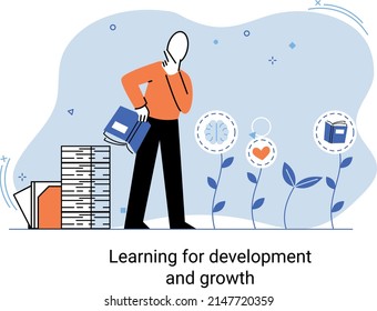 Learning development and growth. Self-learning metaphor, online emoloyee education distance e-learning. Skill improvement. Self development program way to success. Goal achieving professional training