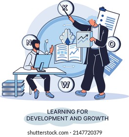 Learning development and growth. Self-learning metaphor, online emoloyee education distance e-learning. Skill improvement. Self development program way to success. Goal achieving professional training