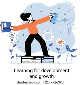 Learning development and growth. Self-learning metaphor, online emoloyee education distance e-learning. Skill improvement. Self development program way to success. Goal achieving professional training