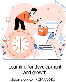 Learning development and growth. Self-learning metaphor, online emoloyee education distance e-learning. Skill improvement. Self development program way to success. Goal achieving professional training