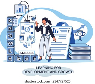 Learning development and growth. Self-learning metaphor, online emoloyee education distance e-learning. Skill improvement. Self development program way to success. Goal achieving professional training