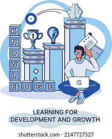 Learning development and growth. Self-learning metaphor, online emoloyee education distance e-learning. Skill improvement. Self development program way to success. Goal achieving professional training