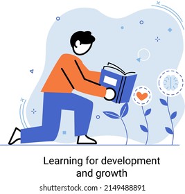 Learning development and growth. Self-learning metaphor, online emoloyee education distance e-learning. Skill improvement. Self development program way to success. Goal achieving professional training