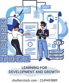 Learning development and growth. Self-learning metaphor, online emoloyee education distance e-learning. Skill improvement. Self development program way to success. Goal achieving professional training