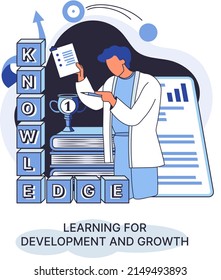 Learning development and growth. Self-learning metaphor, online emoloyee education distance e-learning. Skill improvement. Self development program way to success. Goal achieving professional training
