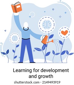 Learning development and growth. Self-learning metaphor, online emoloyee education distance e-learning. Skill improvement. Self development program way to success. Goal achieving professional training