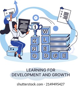 Learning development and growth. Self-learning metaphor, online emoloyee education distance e-learning. Skill improvement. Self development program way to success. Goal achieving professional training
