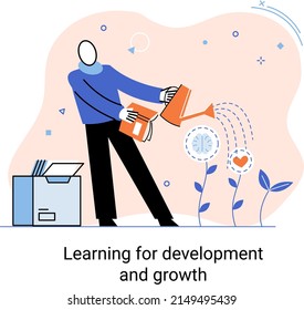 Learning development and growth. Self-learning metaphor, online emoloyee education distance e-learning. Skill improvement. Self development program way to success. Goal achieving professional training
