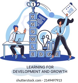 Learning development and growth. Self-learning metaphor, online emoloyee education distance e-learning. Skill improvement. Self development program way to success. Goal achieving professional training