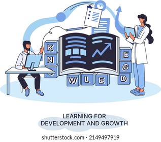 Learning development and growth. Self-learning metaphor, online emoloyee education distance e-learning. Skill improvement. Self development program way to success. Goal achieving professional training