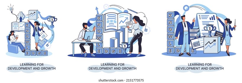 Learning development and growth. Self-learning metaphor, online emoloyee education distance e-learning. Skill improvement. Self development program way to success. Goal achieving professional training