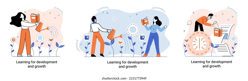 Learning development and growth. Self-learning metaphor, online emoloyee education distance e-learning. Skill improvement. Self development program way to success. Goal achieving professional training