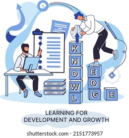 Learning development and growth. Self-learning metaphor, online emoloyee education distance e-learning. Skill improvement. Self development program way to success. Goal achieving professional training