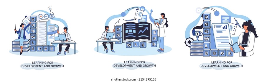 Learning development and growth. Self-learning metaphor, online emoloyee education distance e-learning. Skill improvement. Self development program way to success. Goal achieving professional training