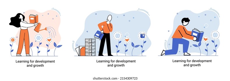 Learning development and growth. Self-learning metaphor, online emoloyee education distance e-learning. Skill improvement. Self development program way to success. Goal achieving professional training
