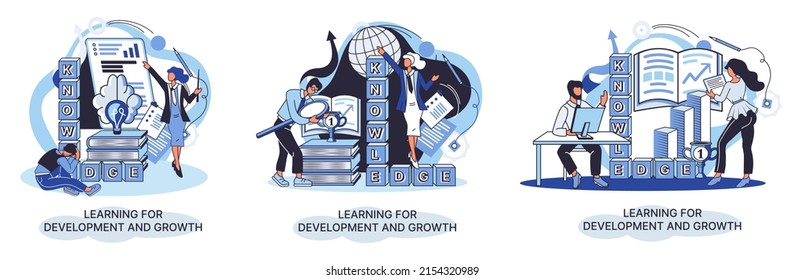 Learning development and growth. Self-learning metaphor, online emoloyee education distance e-learning. Skill improvement. Self development program way to success. Goal achieving professional training