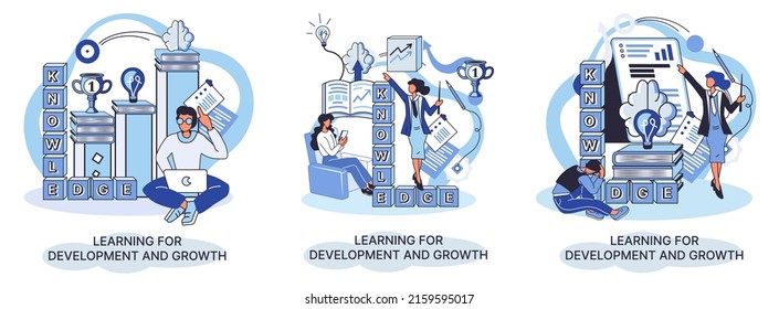 Learning development and growth. Self-learning metaphor, online emoloyee education distance e-learning. Skill improvement. Self development program way to success. Goal achieving professional training