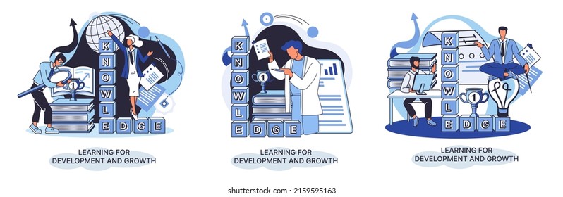Learning development and growth. Self-learning metaphor, online emoloyee education distance e-learning. Skill improvement. Self development program way to success. Goal achieving professional training