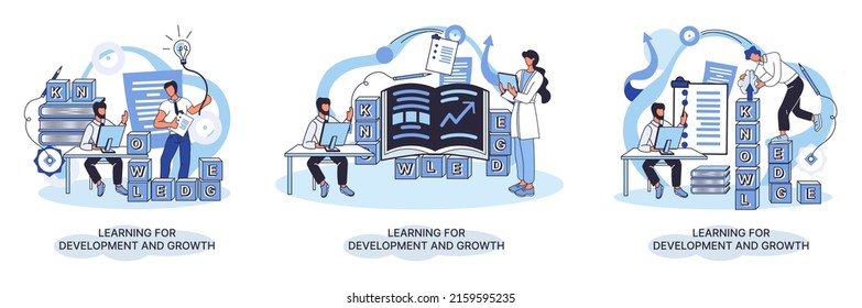 Learning development and growth. Self-learning metaphor, online emoloyee education distance e-learning. Skill improvement. Self development program way to success. Goal achieving professional training