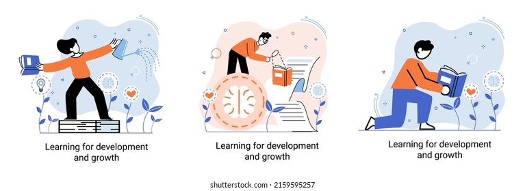 Learning development and growth. Self-learning metaphor, online emoloyee education distance e-learning. Skill improvement. Self development program way to success. Goal achieving professional training