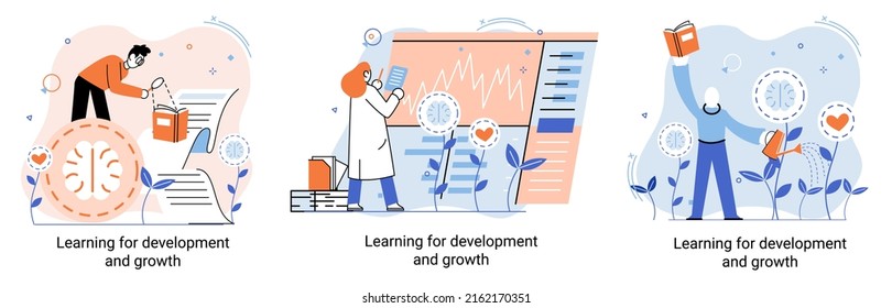 Learning development and growth. Self-learning metaphor, online emoloyee education distance e-learning. Skill improvement. Self development program way to success. Goal achieving professional training
