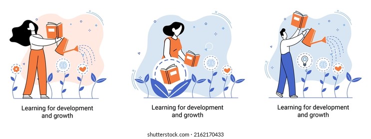 Learning development and growth. Self-learning metaphor, online emoloyee education distance e-learning. Skill improvement. Self development program way to success. Goal achieving professional training