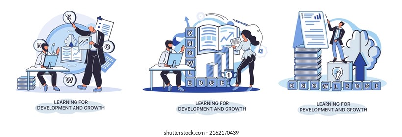 Learning development and growth. Self-learning metaphor, online emoloyee education distance e-learning. Skill improvement. Self development program way to success. Goal achieving professional training
