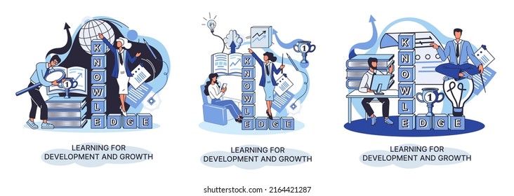 Learning development and growth. Self-learning metaphor, online emoloyee education distance e-learning. Skill improvement. Self development program way to success. Goal achieving professional training