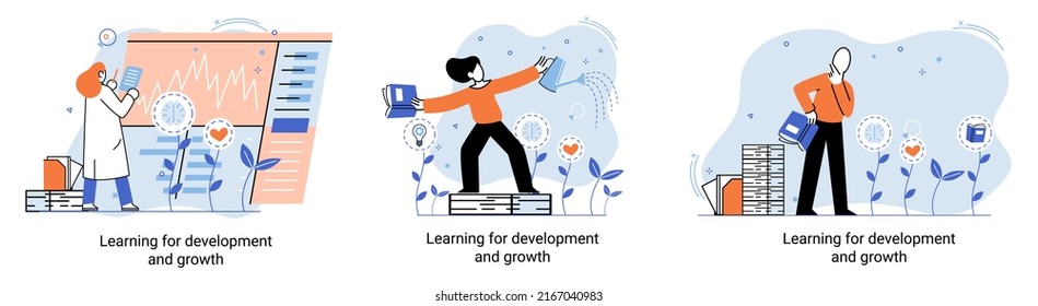 Learning development and growth. Self-learning metaphor, online emoloyee education distance e-learning. Skill improvement. Self development program way to success. Goal achieving professional training