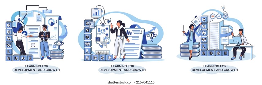 Learning development and growth. Self-learning metaphor, online emoloyee education distance e-learning. Skill improvement. Self development program way to success. Goal achieving professional training