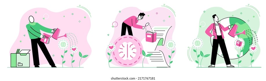 Learning development and growth. Self-learning metaphor, online emoloyee education distance e-learning. Skill improvement. Self development program way to success. Goal achieving professional training